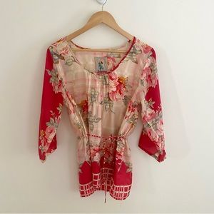 Johnny Was Rose Print Silk Top